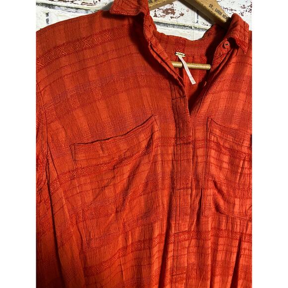 Free People Flowy Oversized Cotton Blend Plaid Button Down Blouse - Picture 4 of 9